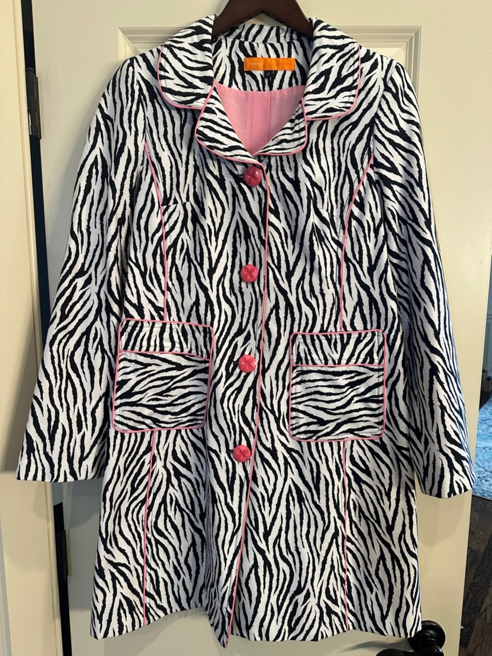 Cynthia Steffe Black & White Zebra Print Trench Coat with Pink Trim